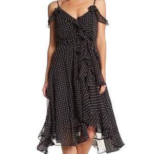 Betsey Johnson Polka Dot Wrap Dress Size 6 Ruffle Flowy Midi Cold Shoulder Black